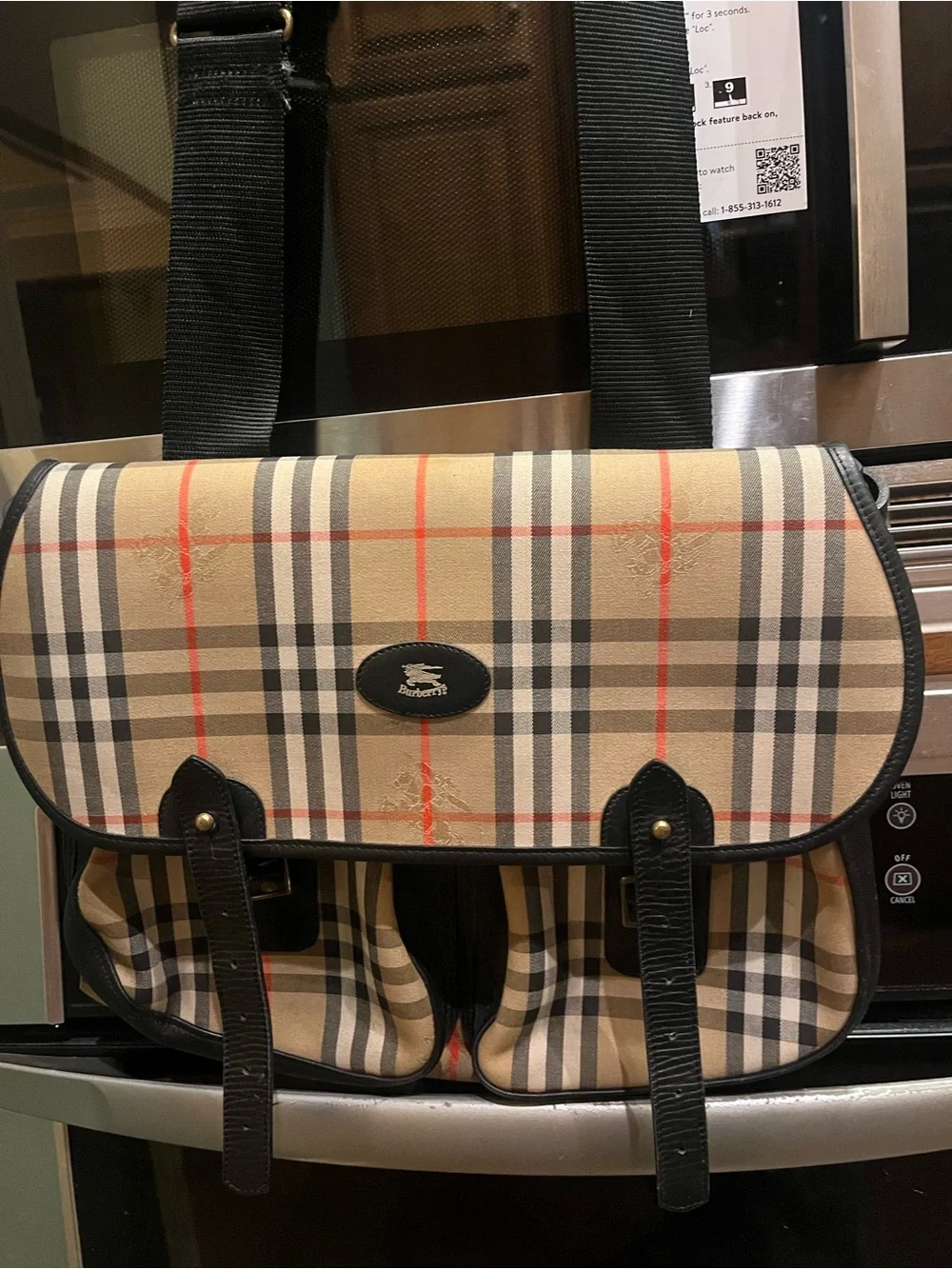 Vintage Burberrys Unisex Classic Plaid Messenger Bag - Beige with Black Trim